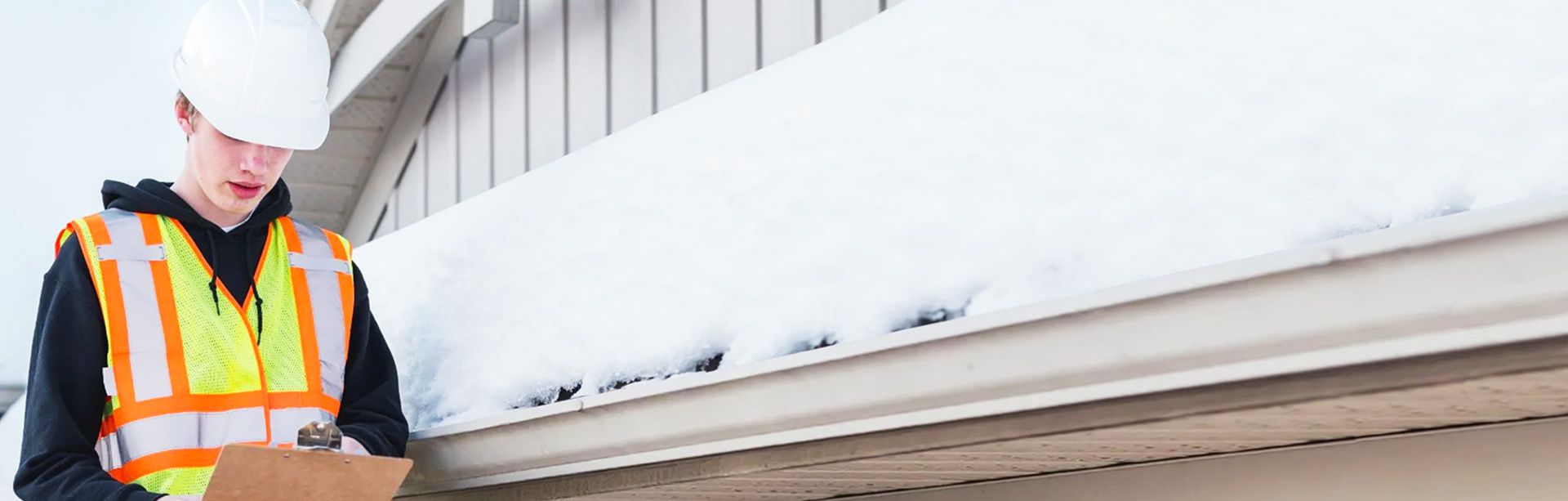 JS Exteriors inspector documenting hail damage on a snowy roof