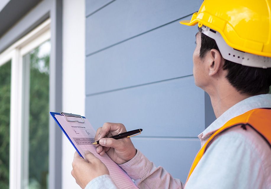 JS Exteriors team member documenting siding damage with a clipboard