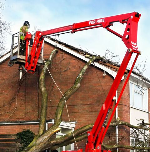 JS Exteriors crew using a lift to clear storm-damaged tree branches